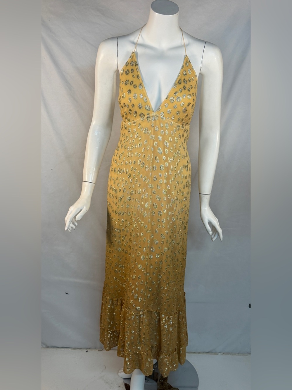Mustard Gold Foil V-Neck Maxi Dress